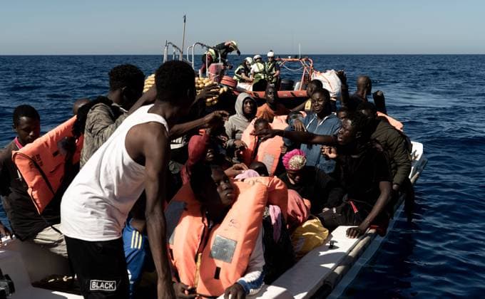 Ocean Viking - on board Rescue at sea operated by the Ocean Viking ship with the air support of Colibri2 of Pilotos Volontaires during the early afternoon on 25 October 2022, in the Mediterranean Sea, in the international waters off Libya. 40 people were rescued including 10 women and 9 unaccompanied minors (3 under 4 years old) from Mali, Guinea Conakr, Ivory Coast, Nigeria, Gambia, Ghana. Many have fuel burners and have been at sea for more than 30 hours. Copyright: xVINCENZOxCIRCOSTAx VCIRCOSTA-50