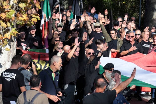 News Themen der Woche KW43 100th anniversary of the march of the fascists on Rome, commemoration ceremony organized by the Arditi of the Ravenna section attended by a thousand people. In the photo some of the participants make the fascist salute during the demonstration Editorial Usage Only  Copyright: xRobertoxBrancolinix xIPAx