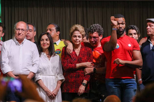 October 30, 2022, Sao Paulo, Brazil: Brazilian President-elect Luiz Inacio Lula da Silva (Workers Party) makes a victory speech alongside his wife Rosangela Silva (Janja), vice-president Geraldo Alckmin, former president Dilma Rousseff, senators, deputies and party supporters after the result of the runoff election in Brazil, at Intercontinental hotel, on Paulista Avenue, in Sao Paulo, on Sunday (30).  Copyright: xFabricioxBomjardimx