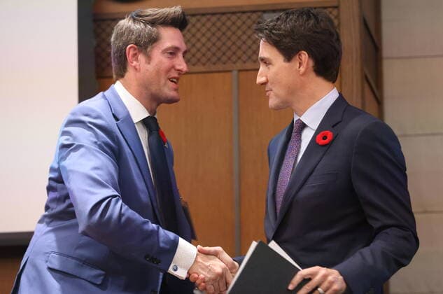 November 2, 2022, Ottawa, ON, Canada: Prime Minister Justin Trudeau is thanked by Member of Parliament for Whitby Ryan Turnbull at a Sustainable Finance Forum on Parliament Hill in Ottawa on Wednesday, November 2, 2022. Ottawa Canada  - ZUMAc35_ 20221102_zaf_c35_113 Copyright: xPatrickxDoylex
