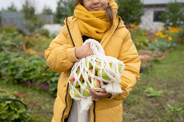 IMAGO Creative, Jahreszeit Herbst auf dem Land Preteen kid in warm coat standing in autumn backyard and putting ripe pears into string bag, Model released LiliyaSolopova_ID990_37195_014 Copyright: xLiliyaxSolopovax MR