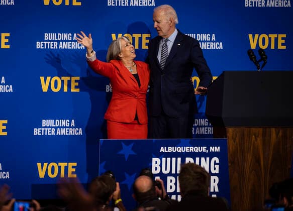 November 3, 2022, USA: Gov. Michelle Lujan Grisham and President Joe Biden take the stage together during a Democratic rally held at the Ted M. Gallegos Community Center in southwest Albuquerque, N.M., on Thursday, Nov. 3, 2022. USA - ZUMAab1_ 20221103_zaf_ab1_027 Copyright: xAlbuquerquexJournalx