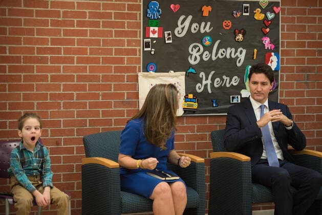 November 4, 2022, ON, CANADA: Prime Minster Justin Trudeau listens as deputy Prime Minister Chrystia Freeland speaks with families at the Dennis Timbrell Community Centre in Toronto, Friday, Nov. 4, 2022. CANADA  - ZUMAc35_ 20221104_zaf_c35_085 Copyright: xTijanaxMartinx