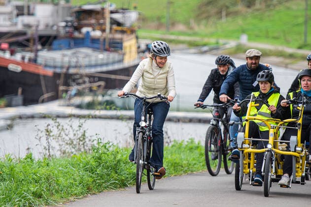 Queen Mathilde of Belgium rides a bike during a royal visit to the province of Walloon Brabant as part of the initiative Together in motion for mental well-being , in Ittre, Tuesday 08 November 2022. The Queen will celebrate her 50th birthday on January 20, 2023 and wishes on this occasion to spread a positive message on mental well-being in our country. Between July and December, and under the motto Let s move forward together for mental well-being ,  JONASxROOSENS 48934632