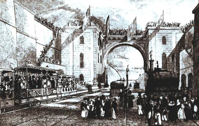 IMAGO History, Die Geburt des Eisenbahnverkehrs: 1802-1830 RECORD DATE NOT STATED Opening of the line from Liverpool to Manchester, September 15, 1830, with a Rocket machine, firs? Copyright:xImage Index HeritagexImagesx IMAGO ,2683050 ! ACHTUNG: AUFNAHMEDATUM GESCHÄTZT!  Copyright:Image Index HeritagexImagesx IMAGO