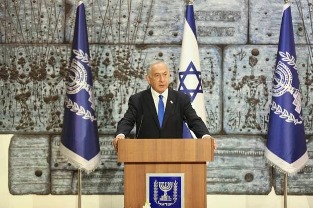 (221113) -- JERUSALEM, Nov. 13, 2022 -- Former Israeli Prime Minister and leader of the Likud party Benjamin Netanyahu speaks before receiving the mandate from Israeli President Isaac Herzog to form a new government at the President s Residence in Jerusalem, on Nov. 13, 2022. Israeli President Isaac Herzog on Sunday tasked former Prime Minister Benjamin Netanyahu with forming a new government, after the victory of the veteran politician and his alliance of far-right parties in parliamentary elections. ) MIDEAST-JERUSALEM-GOVERNMENT-NETANYAHU WangxZhuolun 