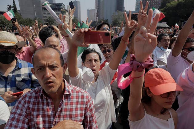 March For Democracy In Mexico A group of people make the sign of love and peace on the esplanade of the Monument to the Revolution in Mexico City, as a sign of rejection of the electoral reform presented by the president of Mexico, AndrÃ s Manuel Lopez Obrador, who proposes to deliver fewer resources political parties, elect legislators in a system of electoral lists and that the selection of the electoral advisers of the National Electoral Institute (INE, for its acronym in Spanish), and the magistrates of the Electoral Tribunal be made by direct vote of the citizens. Mexico City Mexico  Copyright: xGerardoxVieyrax originalFilename: vieyra-notitle221113_np3Nd.jpg