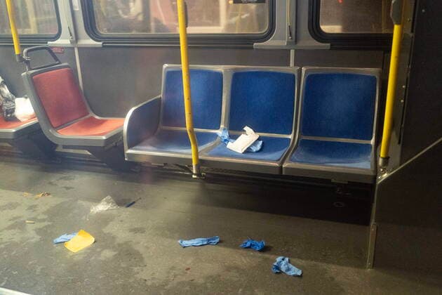 November 15, 2022, TORONTO, ON, CANADA: Medical supplies left behind by paramedics are seen on a TTC bus after the victim of a shooting fled to the bus in Toronto, Tuesday, Nov. 15, 2022. Police say one person is dead and three others have been injured after shots rang out in an apartment building on Dunn Ave near Queen St West. TORONTO CANADA  - ZUMAc35_ 20221115_zaf_c35_188 Copyright: xArlynxMcadoreyx