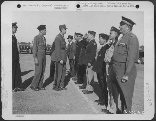 RECORD DATE NOT STATED Reception committee at arrival of General Charles De Gaulle, La Senia Airfield in Algeria, North Africa. 1258th AAF Base Unit, Air Transport Command. Copyright: xpiemagsx naramil3pie14102022-2366 !ACHTUNG AUFNAHMEDATUM GESCHÄTZT!