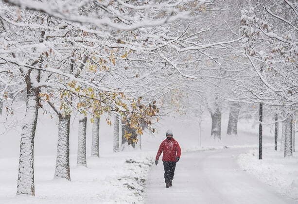 November 16, 2022, Montreal, PQ, Canada: A person walks through a snow-covered park in Montreal, Wednesday, November16, 2022, as the first major snowfall hits the city. Montreal Canada  - ZUMAc35_ 20221116_zaf_c35_100 Copyright: xGrahamxHughesx