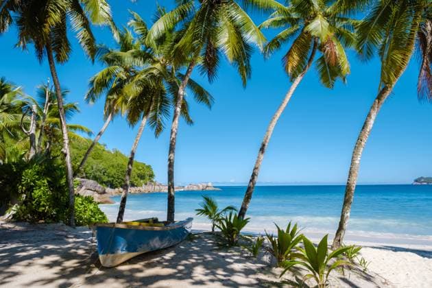 Mahe Seychelles, tropical beach with palm trees and a blue ocean at Mahe Seychelles Anse Takamaka beach Mahe Seychelles Mahe Seychelles, a tropical beach with palm trees, and a blue ocean at Mahe Seychelles. Anse Takamaka beach Mahe Seychelles Copyright: xZoonar.com FokkexBaarssenx 18656985