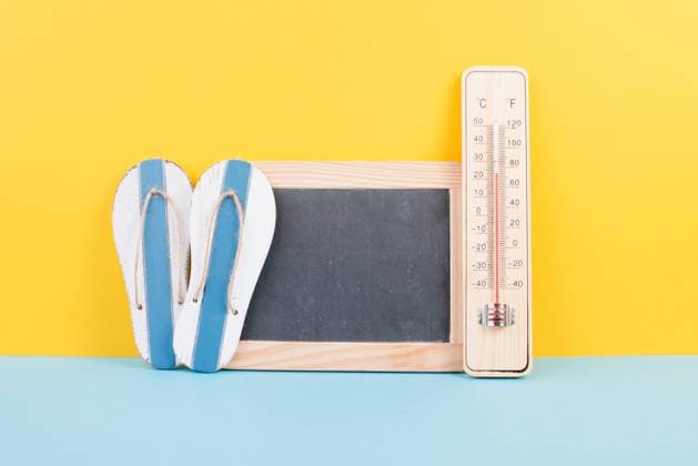 Empty chalkboard with a thermometer and flip flops, holiday background, summer vacation, hot weather Empty chalkboard with a thermometer and flip flops, holiday background, summer vacation, hot weather, environmental issue Copyright: xZoonar.com BeritxKesslerx 18675766