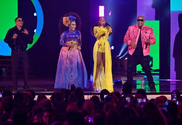 (L-R) Randy Malcom Martínez of Gente de Zona, Aymée Nuviola, Goyo, and Alexander Delgado Hernández of Gente de Zona Perform onstage during the 23rd annual Latin Grammy Awards at the Michelob Ultra Arena at Mandalay Bay Resort and Casino in Las Vegas, Nevada on Thursday, November 17, 2022.  LAV20221117624 JIMxRUYMEN