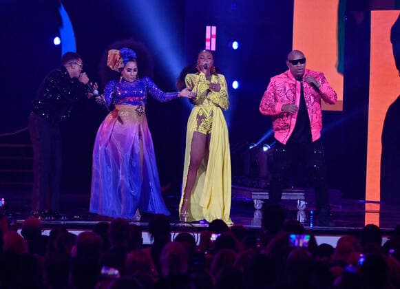 (L-R) Randy Malcom Martínez of Gente de Zona, Aymée Nuviola, Goyo, and Alexander Delgado Hernández of Gente de Zona Perform onstage during the 23rd annual Latin Grammy Awards at the Michelob Ultra Arena at Mandalay Bay Resort and Casino in Las Vegas, Nevada on Thursday, November 17, 2022.  LAV20221117625 JIMxRUYMEN