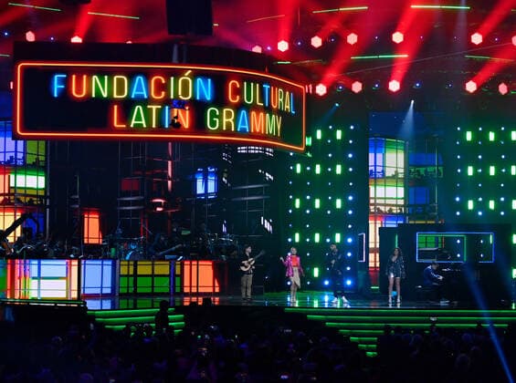 Nicky Jam (C) and participants of the Cultural Foundation perform onstage during the 23rd annual Latin Grammy Awards at the Michelob Ultra Arena at Mandalay Bay Resort and Casino in Las Vegas, Nevada on Thursday, November 17, 2022.  LAV20221117634 JIMxRUYMEN