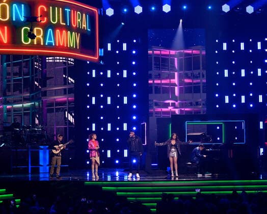 Nicky Jam (C) and participants of the Cultural Foundation perform onstage during the 23rd annual Latin Grammy Awards at the Michelob Ultra Arena at Mandalay Bay Resort and Casino in Las Vegas, Nevada on Thursday, November 17, 2022.  LAV20221117636 JIMxRUYMEN