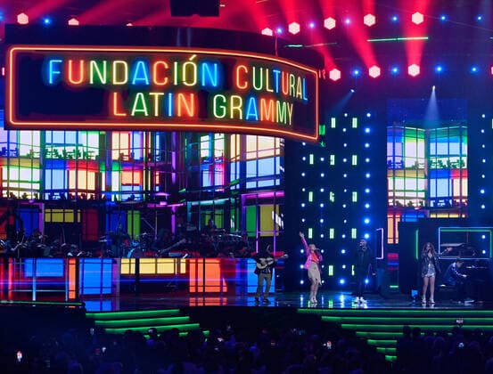 Nicky Jam (C) and participants of the Cultural Foundation perform onstage during the 23rd annual Latin Grammy Awards at the Michelob Ultra Arena at Mandalay Bay Resort and Casino in Las Vegas, Nevada on Thursday, November 17, 2022.  LAV20221117635 JIMxRUYMEN