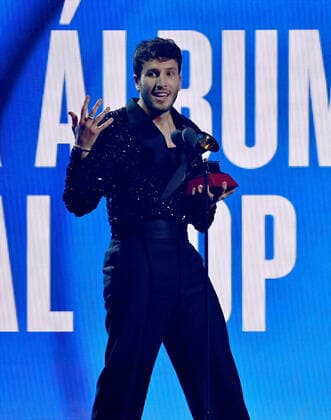 Sebastián Yatra accepts the Best Pop Vocal Album award for Dharma onstage during the 23rd annual Latin Grammy Awards at the Michelob Ultra Arena at Mandalay Bay Resort and Casino in Las Vegas, Nevada on Thursday, November 17, 2022.  LAV20221117639 JIMxRUYMEN