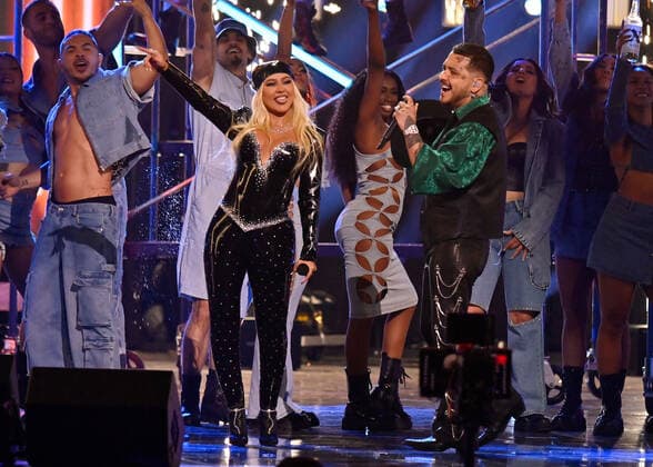 Christina Aguilera (L) and Christian Nodal perform onstage during the 23rd annual Latin Grammy Awards at the Michelob Ultra Arena at Mandalay Bay Resort and Casino in Las Vegas, Nevada on Thursday, November 17, 2022.  LAV20221117032 JIMxRUYMEN