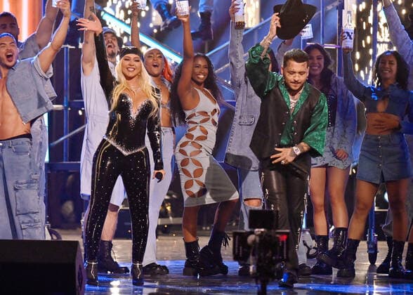 Christina Aguilera (L) and Christian Nodal perform onstage during the 23rd annual Latin Grammy Awards at the Michelob Ultra Arena at Mandalay Bay Resort and Casino in Las Vegas, Nevada on Thursday, November 17, 2022.  LAV20221117033 JIMxRUYMEN