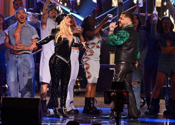 Christina Aguilera (L) and Christian Nodal perform onstage during the 23rd annual Latin Grammy Awards at the Michelob Ultra Arena at Mandalay Bay Resort and Casino in Las Vegas, Nevada on Thursday, November 17, 2022.  LAV20221117031 JIMxRUYMEN