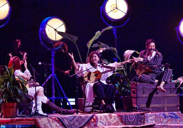 (L-R) Nicole Zignago, Carlos Vives, Silvana Estrada and Camilo perform onstage during the 23rd annual Latin Grammy Awards at the Michelob Ultra Arena at Mandalay Bay Resort and Casino in Las Vegas, Nevada on Thursday, November 17, 2022.  LAV20221117036 JIMxRUYMEN