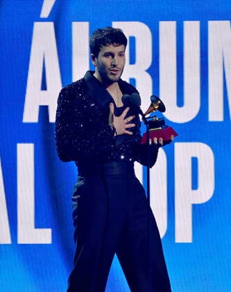 Sebastián Yatra accepts the Best Pop Vocal Album award for Dharma onstage during the 23rd annual Latin Grammy Awards at the Michelob Ultra Arena at Mandalay Bay Resort and Casino in Las Vegas, Nevada on Thursday, November 17, 2022.  LAV20221117640 JIMxRUYMEN