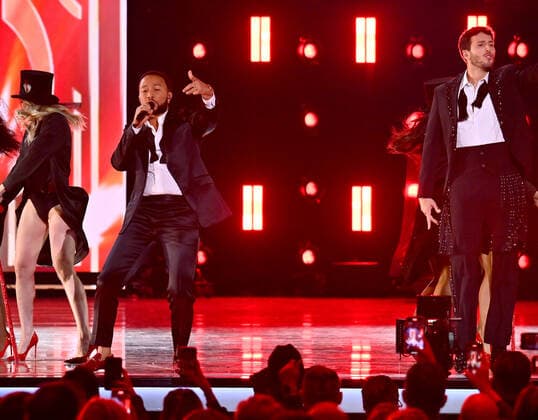 John Legend and Sebastián Yatra perform onstage during the 23rd annual Latin Grammy Awards at the Michelob Ultra Arena at Mandalay Bay Resort and Casino in Las Vegas, Nevada on Thursday, November 17, 2022.  LAV20221117681 JIMxRUYMEN