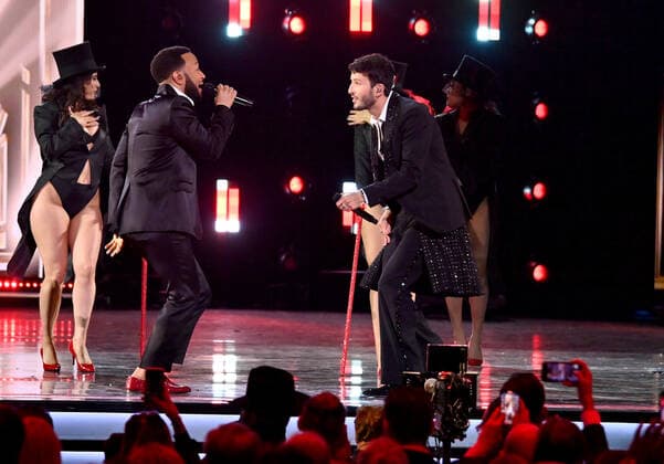 John Legend and Sebastián Yatra perform onstage during the 23rd annual Latin Grammy Awards at the Michelob Ultra Arena at Mandalay Bay Resort and Casino in Las Vegas, Nevada on Thursday, November 17, 2022.  LAV20221117684 JIMxRUYMEN