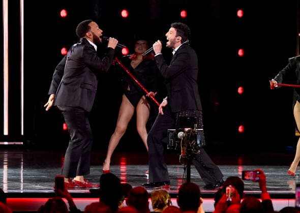 John Legend and Sebastián Yatra perform onstage during the 23rd annual Latin Grammy Awards at the Michelob Ultra Arena at Mandalay Bay Resort and Casino in Las Vegas, Nevada on Thursday, November 17, 2022.  LAV20221117685 JIMxRUYMEN