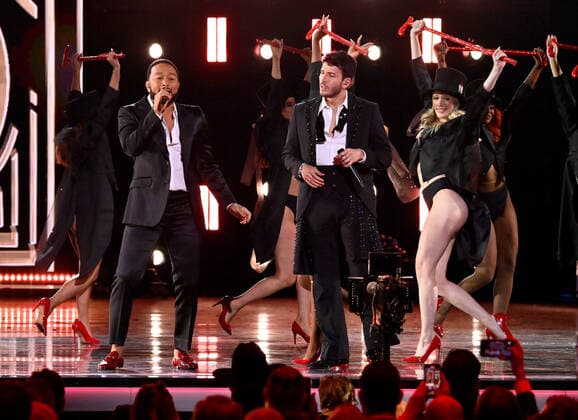 John Legend and Sebastián Yatra perform onstage during the 23rd annual Latin Grammy Awards at the Michelob Ultra Arena at Mandalay Bay Resort and Casino in Las Vegas, Nevada on Thursday, November 17, 2022.  LAV20221117686 JIMxRUYMEN