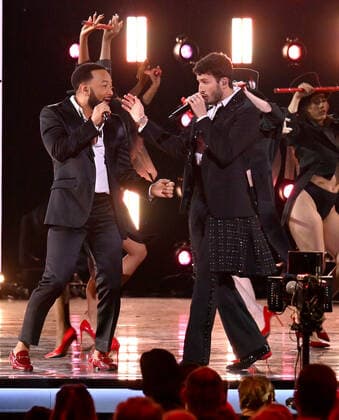 John Legend and Sebastián Yatra perform onstage during the 23rd annual Latin Grammy Awards at the Michelob Ultra Arena at Mandalay Bay Resort and Casino in Las Vegas, Nevada on Thursday, November 17, 2022.  LAV20221117687 JIMxRUYMEN
