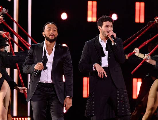 John Legend and Sebastián Yatra perform onstage during the 23rd annual Latin Grammy Awards at the Michelob Ultra Arena at Mandalay Bay Resort and Casino in Las Vegas, Nevada on Thursday, November 17, 2022.  LAV20221117690 JIMxRUYMEN