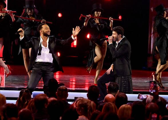 John Legend and Sebastián Yatra perform onstage during the 23rd annual Latin Grammy Awards at the Michelob Ultra Arena at Mandalay Bay Resort and Casino in Las Vegas, Nevada on Thursday, November 17, 2022.  LAV20221117691 JIMxRUYMEN