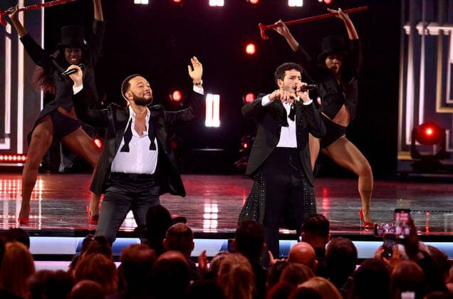 John Legend and Sebastián Yatra perform onstage during the 23rd annual Latin Grammy Awards at the Michelob Ultra Arena at Mandalay Bay Resort and Casino in Las Vegas, Nevada on Thursday, November 17, 2022.  LAV20221117692 JIMxRUYMEN