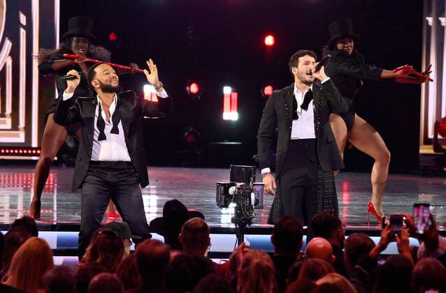 John Legend and Sebastián Yatra perform onstage during the 23rd annual Latin Grammy Awards at the Michelob Ultra Arena at Mandalay Bay Resort and Casino in Las Vegas, Nevada on Thursday, November 17, 2022.  LAV20221117693 JIMxRUYMEN