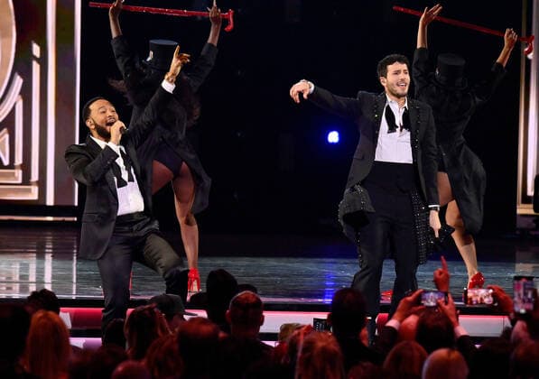 John Legend and Sebastián Yatra perform onstage during the 23rd annual Latin Grammy Awards at the Michelob Ultra Arena at Mandalay Bay Resort and Casino in Las Vegas, Nevada on Thursday, November 17, 2022.  LAV20221117694 JIMxRUYMEN