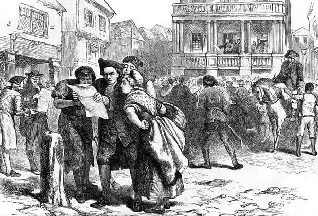 RECORD DATE NOT STATED Bostonians reading the Stamp Act, 1765 (c1880). Artist: Unknown Copyright:xThexPrintxCollector HeritagexImagesx IMAGO ,2329749 ! ACHTUNG: AUFNAHMEDATUM GESCHÄTZT!  Copyright:ThexPrintxCollector HeritagexImagesx IMAGO