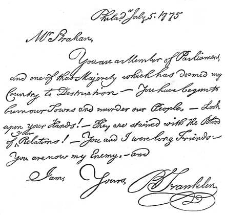 RECORD DATE NOT STATED Facsimile of a letter from Benjamin Franklin to Mr Strahan, 1775 (c1880). Artist: Unknown Copyright:xThexPrintxCollector HeritagexImagesx IMAGO ,2329767 ! ACHTUNG: AUFNAHMEDATUM GESCHÄTZT!  Copyright:ThexPrintxCollector HeritagexImagesx IMAGO