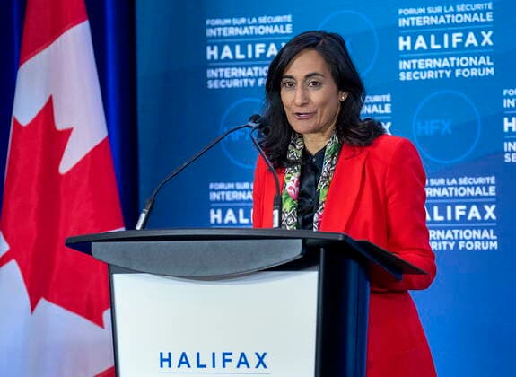 November 18, 2022, Halifax, NS, Canada: Defence Minister Anita Anand addresses the opening news conference at the Halifax International Security Forum in Halifax on Friday, Nov.18, 2022. Halifax Canada  - ZUMAc35_ 20221118_zaf_c35_078 Copyright: xAndrewxVaughanx