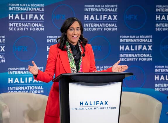 November 18, 2022, Halifax, NS, Canada: Defence Minister Anita Anand addresses the opening session at the Halifax International Security Forum in Halifax on Friday, Nov.18, 2022. Halifax Canada  - ZUMAc35_ 20221118_zaf_c35_104 Copyright: xAndrewxVaughanx