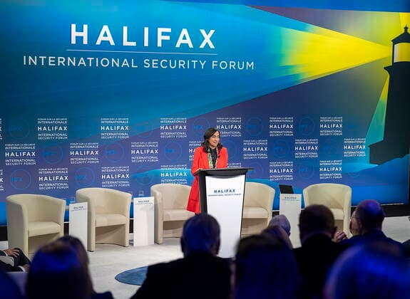 November 18, 2022, Halifax, NS, Canada: Defence Minister Anita Anand addresses the opening session at the Halifax International Security Forum in Halifax on Friday, Nov.18, 2022. Halifax Canada  - ZUMAc35_ 20221118_zaf_c35_105 Copyright: xAndrewxVaughanx