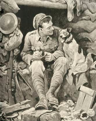 RECORD DATE NOT STATED Give Her My Love! Tommy and His Canine Friend , 1917. Creator: Stanley L Wood. Copyright:xanimale,seduta,cane,cani,scrittura,Britannico,lettera,arma,armi,pistola,pistole,uniform,vestito,guerra,ForzexArmate,secolo,GranxBretagna,soldati,fucile,primaxguerraxmondiale,concetto,messo,B&W,Esercito,guerra,trincea,trincee,pubblicazione,World.war.i,WWI,nerox&xbianco,neroxexbianco,armamento,GuerraxmondialexUna,ventesimoxsecolo,EsercitoxBritannico,ThexPrintxCollector,portrait,StanleyxLxWood,JAxHammerton,JxAxHammerton,Hammerton,Ja,Wood,xStanleyxL,WarxIllustrated,SirxJohnxAlexanderxHammerton,SirxJohnxHammerton,JohnxHammerton,SirxJohnxAlexander,JxA,AmalgamatedxPressxLtd,AmalgamatedxPressxLimited,AmalgamatedxPress,ThexAmalgamatedxPressx IMAGO ,2753056 !  Copyright:animale,seduta,cane,cani,scrittura,Britannico,lettera,arma,armi,pistola,pistole,uniform,vestito,guerra,ForzexArmate,secolo,GranxBretagna,soldati,fucile,primaxguerraxmondiale,concetto,messo,B