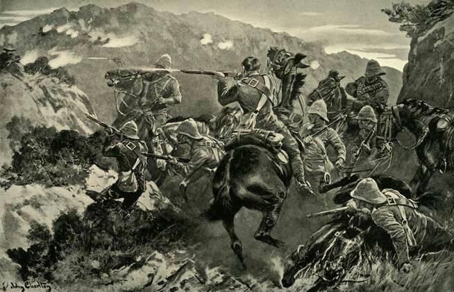RECORD DATE NOT STATED A Picket of 13th Hussars Surprised Near the Tugela River (Hussar Hill) , 1900. Creator: John Charlton. Copyright:xfiume,animale,laxgente,maschio,gruppo,uomo,uomini,LaxSudafrica,cavallo,arti,montagna,montagne,paese,libro,uomo,Britannico,arma,armi,pistola,pistole,geografia,azione,sorpresa,startled,Sudafricano,militare,guerra,posizione,ForzexArmate,Victorian,secolo,GranxBretagna,mirare,sorprendo,letteratura,groppa,concetto,B&W,sparare,ambush,Esercito,fiancoxdixunaxmontagna,guerra,1900,Regiment,nerox&xbianco,neroxexbianco,B W,armamento,1900s,ventesimoxsecolo,EsercitoxBritannico,siege,ThexPrintxCollector,portrait,SirxRedversxBuller,Buller,RedversxBuller,GeneralxBuller,JohnxCharlton,BattlexofxTugelaxHeights,Louis,Charlton,xJohn,1899-1902,TCxandx Copyright:fiume,animale,laxgente,maschio,gruppo,uomo,uomini,LaxSudafrica,cavallo,arti,montagna,montagne,paese,libro,uomo,Britannico,arma,armi,pistola,pistole,geografia,azione,sorpresa,startled,Sudafri