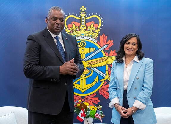 November 19, 2022, Halifax, NS, Canada: Canadian Defence Minister Anita Anand, right, and U.S. Secretary of Defense Lloyd J. Austin III hold a bilateral meeting at the Halifax International Security Forum in Halifax on Saturday, Nov.19, 2022. Halifax Canada  - ZUMAc35_ 20221119_zaf_c35_080 Copyright: xAndrewxVaughanx