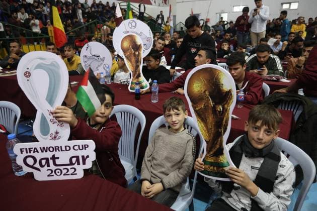 Palestinians attend to watch the football match between the Qatar team and the Ecuadorian team Palestinians attend to watch the football match between the Qatar team and the Ecuadorian team in the Saad Sayel Stadium dedicated to watch the matches the FIFA World Cup Qatar 2022 in Gaza City, on 20 November 2022, Organized by Gaza Re-Construction Committee, in Gaza city on November 20, 2022. The 2022 FIFA World Cup is an association football tournament, contested by the men s national teams of FIFA s member associations and the 22nd FIFA World Cup. It is taking place in Qatar from 20 November to 18 December 2022. This is the first World Cup to be held in the Arab world, and the second World Cup held entirely in Asia after the 2002 tournament i Copyright: xapaimagesxAshrafxAmrax xapaimagesx