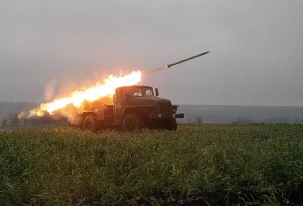 19.11.2022, Bakhmut area. Ukrainians in the Bakhmut area. The conditions are getting harder as the winter looms. On the photo BM-21 Grad missile launcher. Photo: Erik Prozes, Postimees Donetsk Ukraine Bakhmut area 1EP19NOV22A36  Copyright: xErikxProzesx BM-21 Grad missile launcher