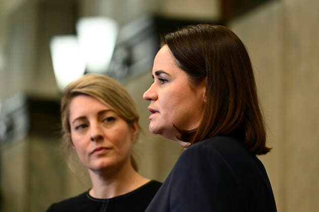 November 22, 2022, Ottawa, ON, CAN: Canada s Minister of Foreign Affairs Melanie Joly, left, listens as Opposition Leader of Belarus Sviatlana Tsikhanouskaya speaks during a photo opportunity on Parliament Hill, in Ottawa, on Tuesday, Nov. 22, 2022. Ottawa CAN - ZUMAc35_ 20221122_zaf_c35_054 Copyright: xJustinxTangx