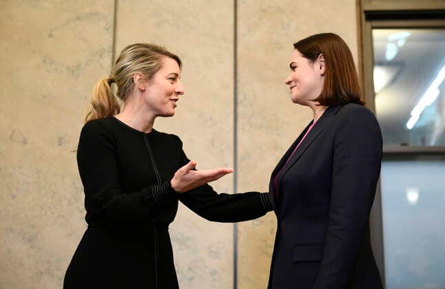 November 22, 2022, Ottawa, ON, CAN: Canada s Minister of Foreign Affairs Melanie Joly, left, and Opposition Leader of Belarus Sviatlana Tsikhanouskaya participate in a photo opportunity on Parliament Hill, in Ottawa, on Tuesday, Nov. 22, 2022. Ottawa CAN - ZUMAc35_ 20221122_zaf_c35_055 Copyright: xJustinxTangx