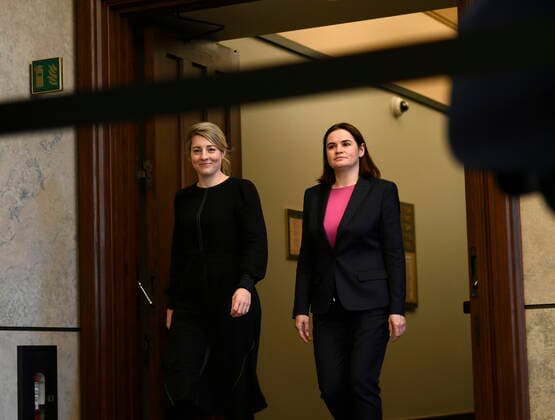 November 22, 2022, Ottawa, ON, CAN: Canada s Minister of Foreign Affairs Melanie Joly, left, and Opposition Leader of Belarus Sviatlana Tsikhanouskaya arrive for a photo opportunity on Parliament Hill, in Ottawa, on Tuesday, Nov. 22, 2022. Ottawa CAN - ZUMAc35_ 20221122_zaf_c35_056 Copyright: xJustinxTangx